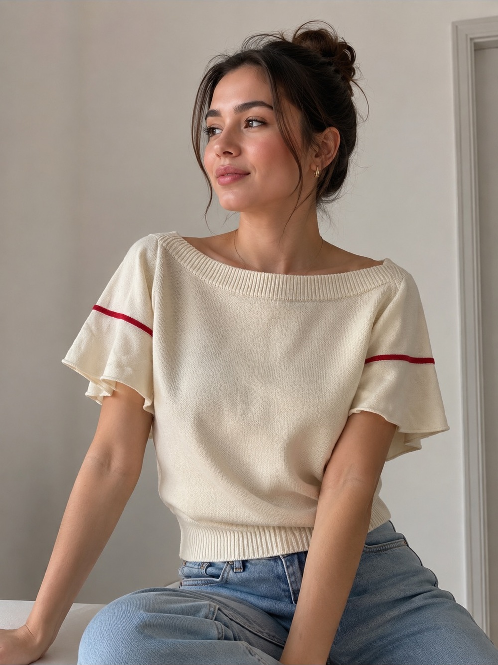 Made in Italy Cotton Flutter Sleeve Knit Top with Contrast Trim